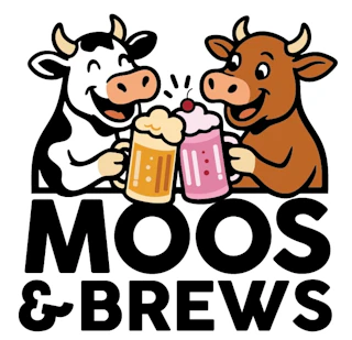 A black-and-white cow and a brown cow toasting with mugs of beer and a milkshake above the text “MOOS & BREWS.”.
